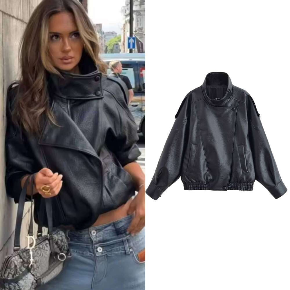 Women's Fall 2025 New Black Long Sleeve Pebble Faux Leather Jacket Motorcycle Style Personality Fashion