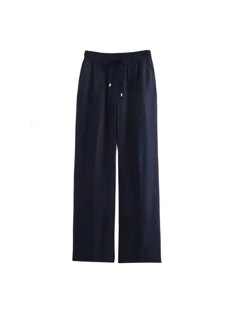 Womens Straight Pants with Front Pockets High Elastic Waist Drawstrings Female Trousers Chic FashionT251022