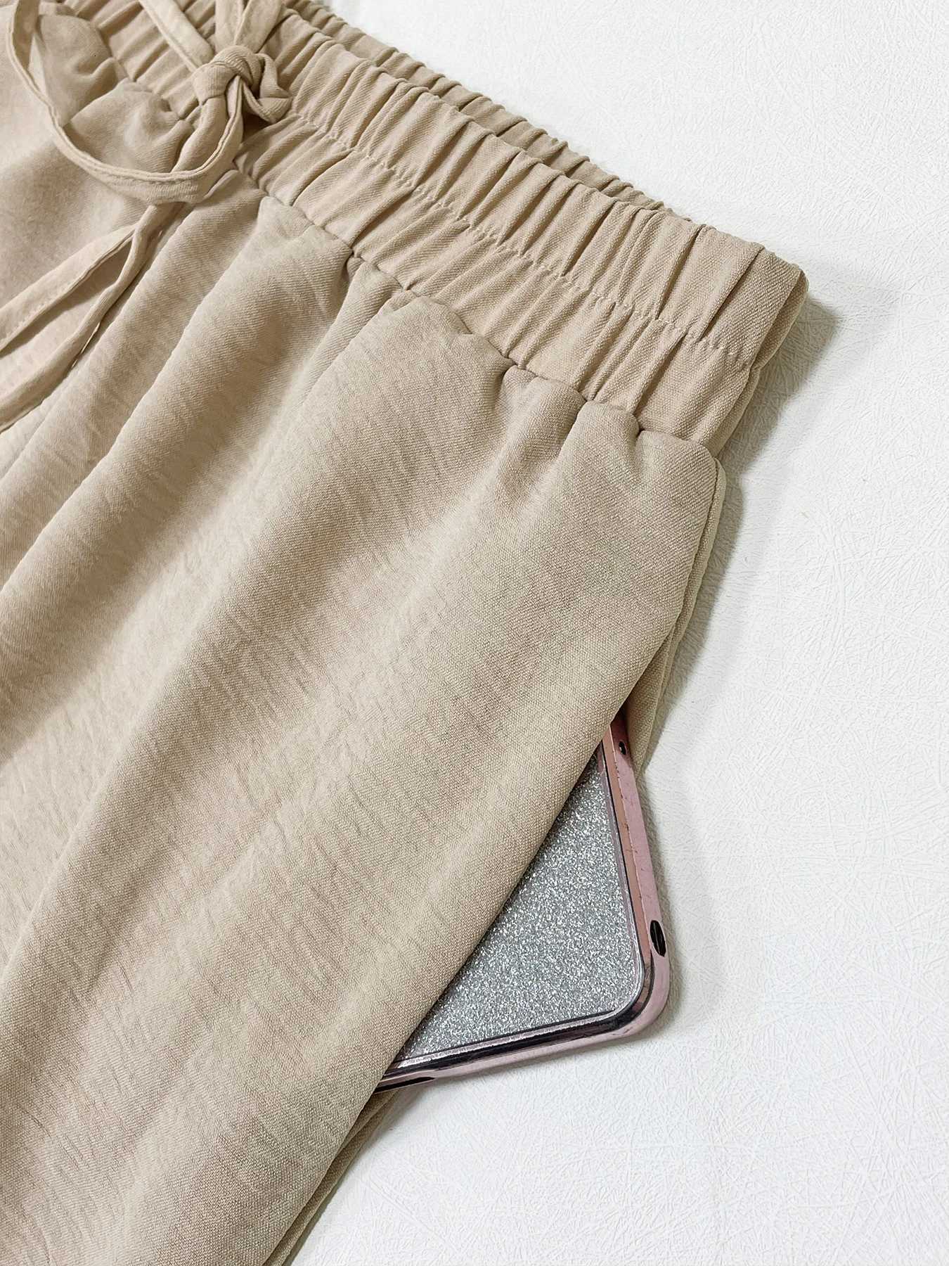 Womens Plain Pocket Tie Front Elastic Waist Straight Leg Pants Casual High Waist Wide Leg Trousers for Daily Wear Baggy PantsT251022