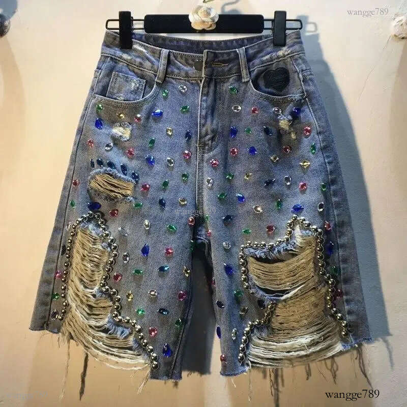 Women's Jeans 2024 Heavy Industry Diamond Studded Beaded High Waist Denim Shorts Summer Slim Fit Versatile Tassel Fashion