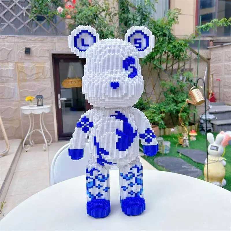 New Chinese Style Blue and White Porcelain Vase Pattern 3D Bear Model Building Block Small Particle Assembly Kids Puzzle Toy J251022