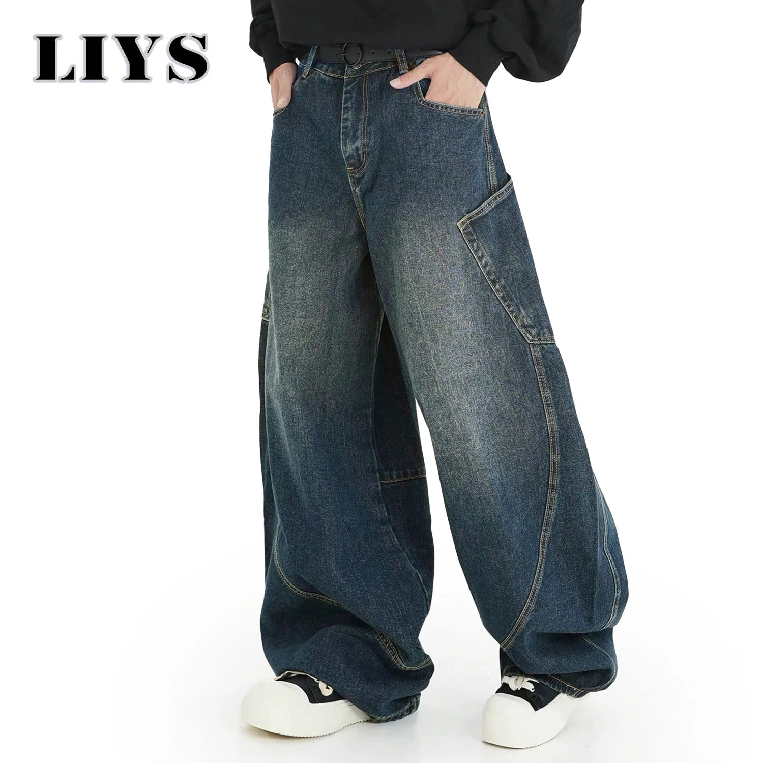 Mens Wear American Washed Denim Pants Vintage Threedimensional Large Pockets Cut Curved Knife Jeans Loose Fit Summer Trend 251017