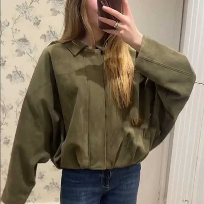 HXAO 2025 Womens Jackets Cropped Suede Jacket Women DemiSeason Bomber Jackets Long Sleeve Coats Oversize Zipper Solid Coats1 Y251105