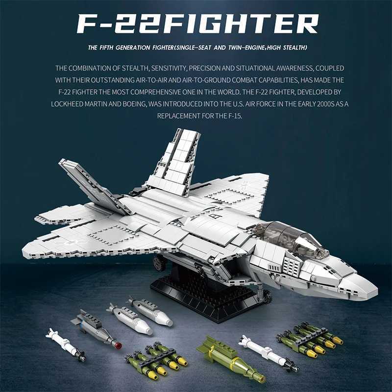 Technical USA F22 Raptor Stealth Strategic Fighter Building Blocks Supersonic Airplane Model Bricks Boy Toys Adult Gifts for Kid J251022