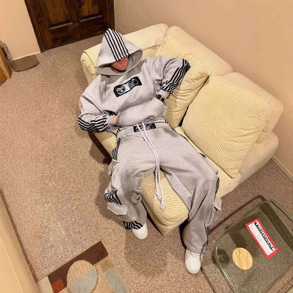 American Style Striped Print Loose Unisex Street Hip Hop Personality Patch Embroidered Sweatshirt and Sweatpants