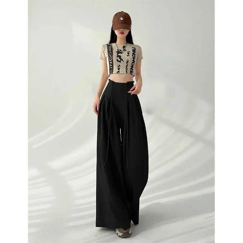 Streetwear Wide Leg Pants Women Korean Black High Waist Suit Pants Summer Fashion Elegant Lace Up Straight Trousers NewT251022