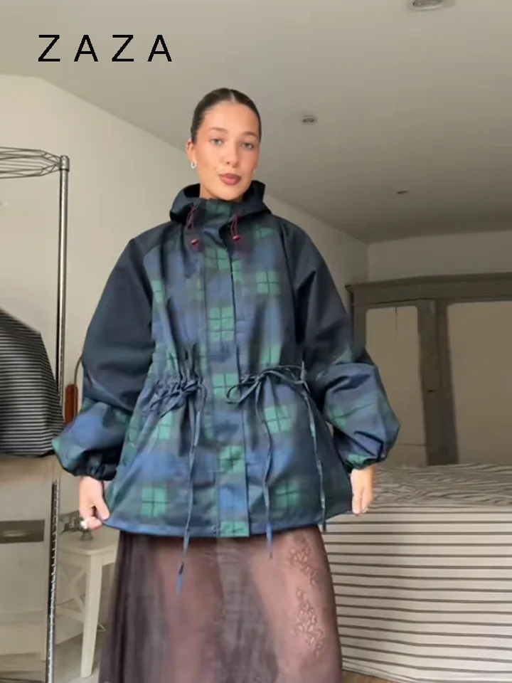 Women Vintage Grid Loose Jacket Oversize Loose Stand Collar Coat Long Sleeve Hoodie Lace Up Outwears Lady Streetwears 251016