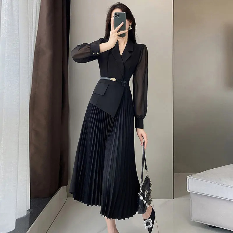 Womens Korean Fashion Blazer Patchwork Long Sleeve Dresses Office Lady Elegant High Waist Black Slim Pleated Midi Dress 251020