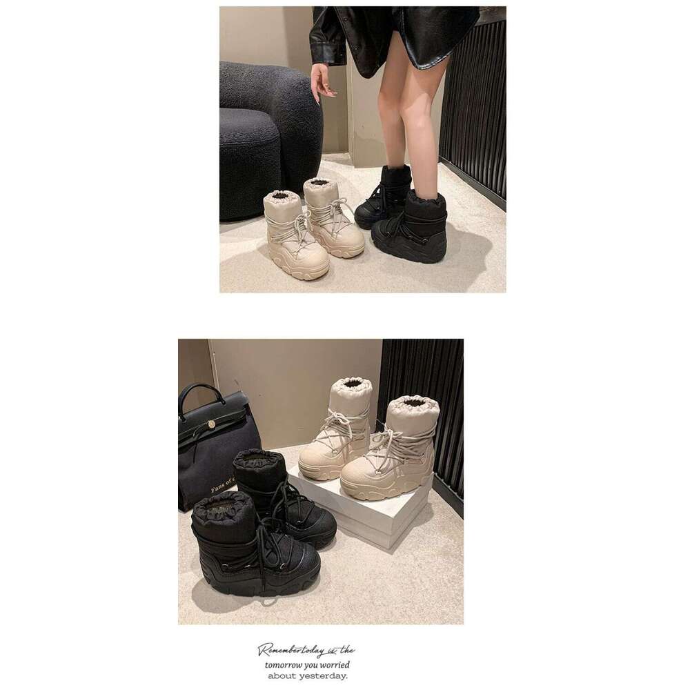 6Cm Thick Sole Height-Increasing Short Snow Boots For Women, Fleece-Lined, Thickened, Outdoor Wear, Ultra-Warm, Northeast Skiing, Winter 2024