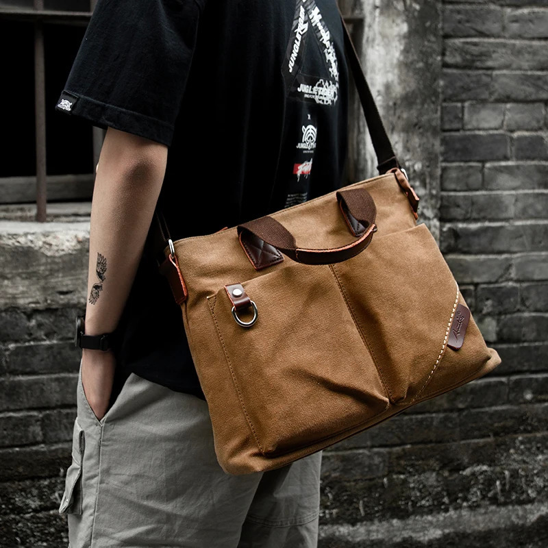 Canvas Men Handbag 14 inch Laptop Briefcase Vintage Solid Color Shoulder Bag Large Capacity Business Retro Messenger Bags 251018