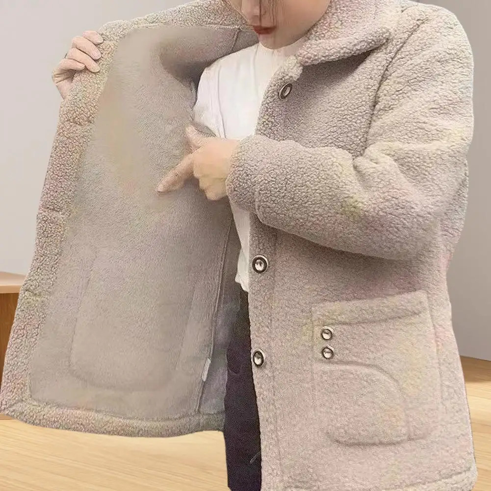 Winter Fleece Coat Singlebreasted With Side Pockets Turndown Collar Coldproof Solid Color Long Sleeves Outwear Jacket 251016
