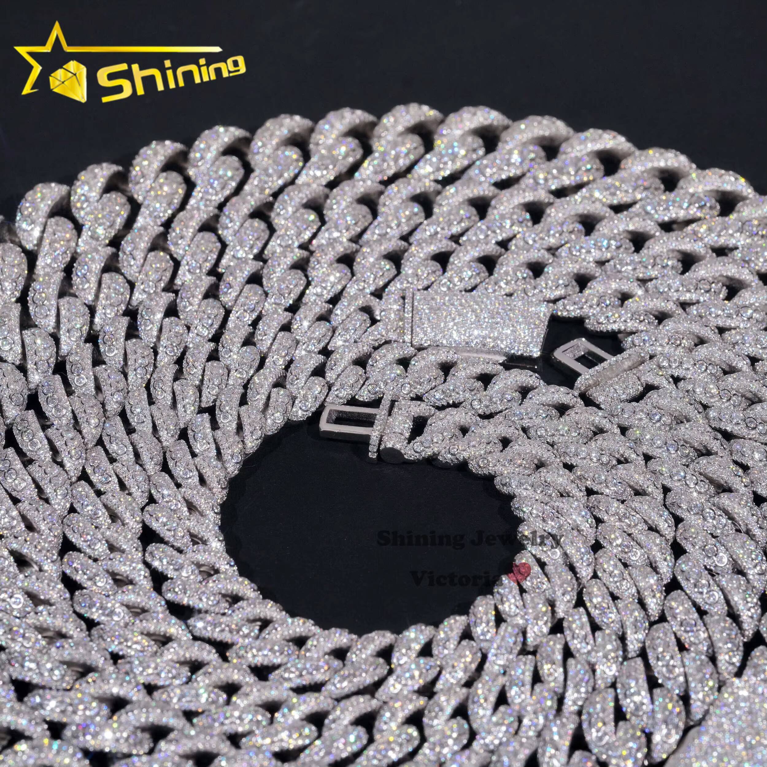 Panyu New Arrivals Hip Hop Rapper Necklace 925 Silver 13MM 15MM 18MM 20MM VVS Moissanite Diamond Bezel Setting Cuban Link Chain