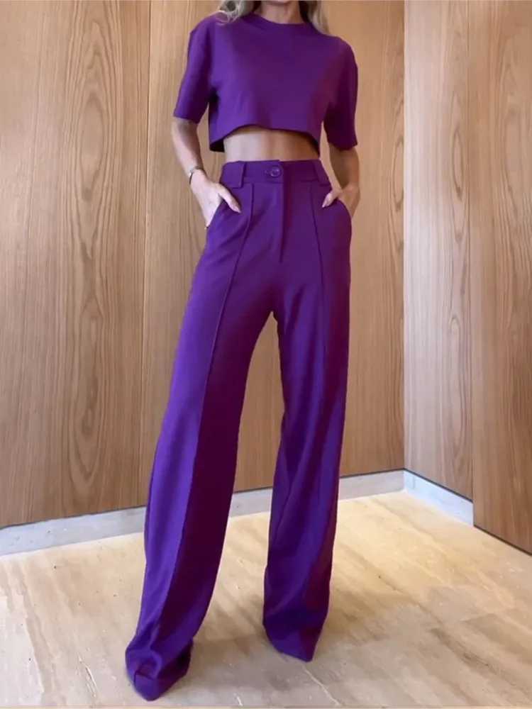 Fashion Solid Color Pants Sets Women O Neck Cropped Top High Waist Straight Trousers Two Piece Set Summer New Female StreetwearT251022