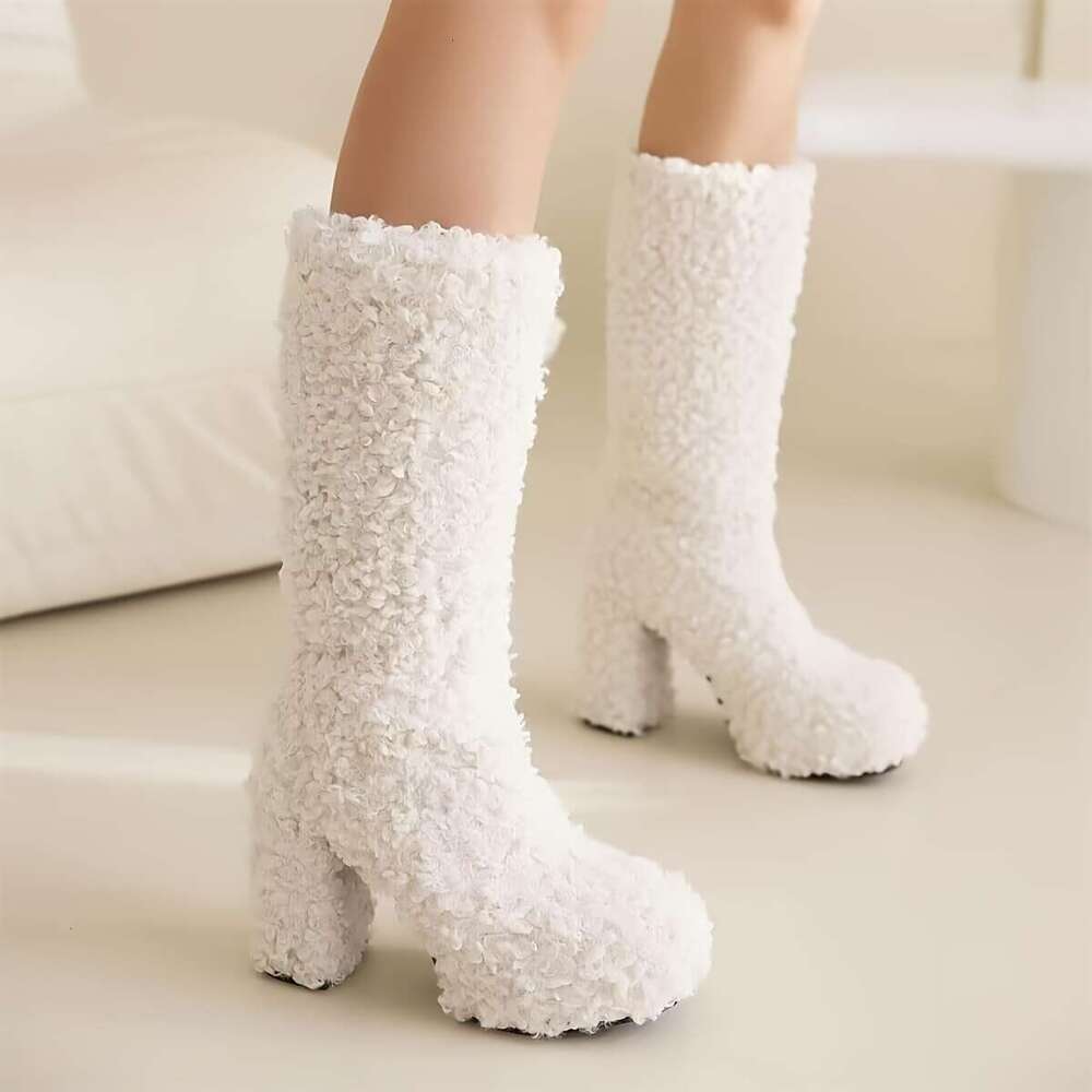 Women's Chunky 11" High Heel Fluffy Mid-Calf Boots With 1.57" Platform Warm Plush Lining, Round Toe & Slip-On Design All-Season Comfort