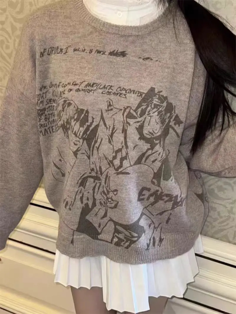 Y2K American Grey Pattern Printed Sweaters Men And Women Autumn Winter Gothic Punk Casual Fashion Round Neck Pullover Sweater 251020