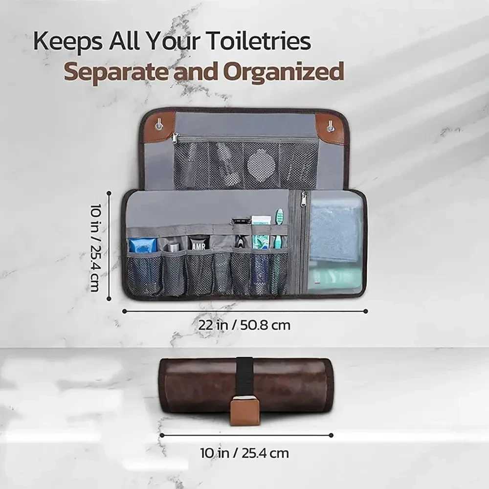 Toiletry Bag for Men Travel Organizer Hanging Bag WaterResistant Bathroom PU Leather Hygiene Bag Roll Up Dopp Kit Shaving BagW251021