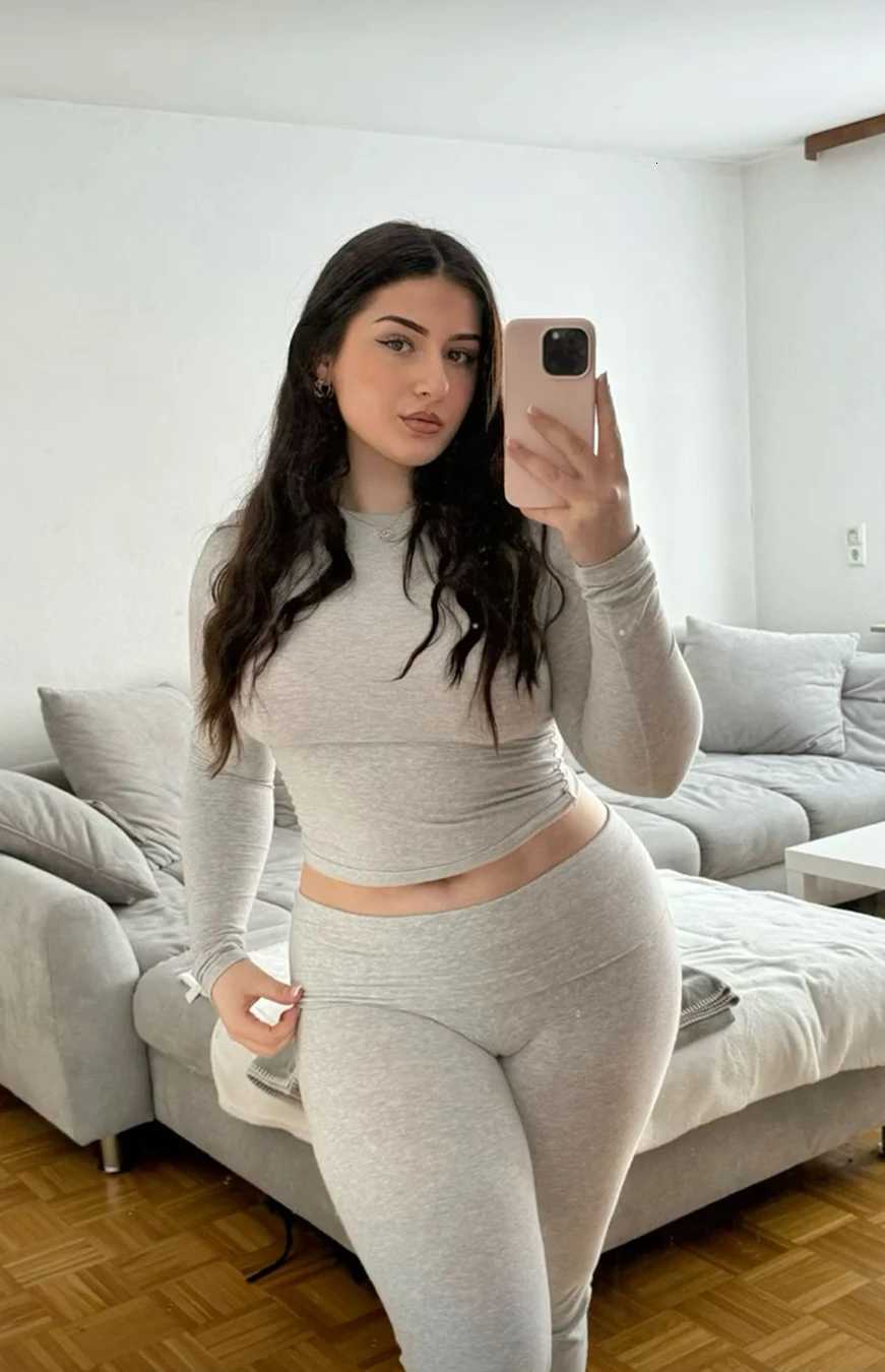 Casual Workout Two Piece Outfits Long Sleeve High Waist Foldover Flare Flared Leggings Pants Tracksuit Sets StreetwearT251022