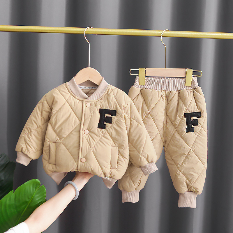 Winter Warm Baseball Jacket Set for Toddler Boys, Heavyweight Quilted Cotton Outfit, Solid Color Padded Cardigan