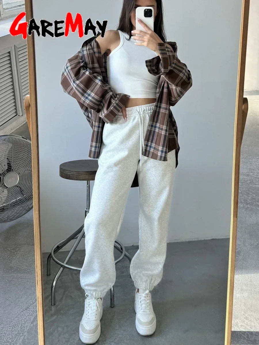 Casual Womens Classic Pants Cotton 80 Jogging Gray Oversize Sweatpants Vintage Long High Waist Elastic White Pants for Women 251022