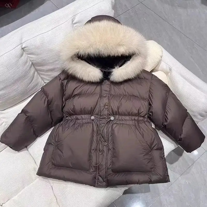 Children Medium To Long Cottonpadded Jacket 2025 Winter Teen Boys Girls Thick Warm Parka Coat Big Fur Collar Hooded Outerwear 251021