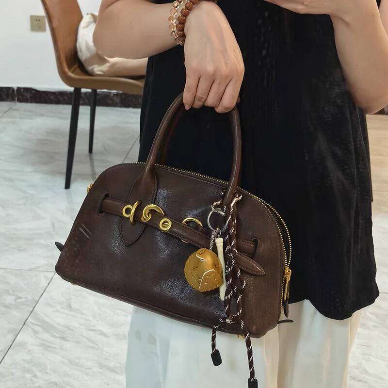 2025 Brand Genuine Leather Handbags Fashion Gold Buckle Shoulder Women Spring Retro Sheepskin Boston Bags Lady