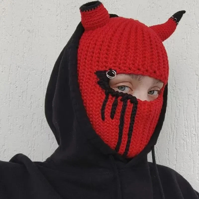 Unisex manual Knit Hat Halloween Devil Horn 1 Hole Balaclava Y2K Vintage Gothic Winter Warm Wind Proof Beanie Cap 251014