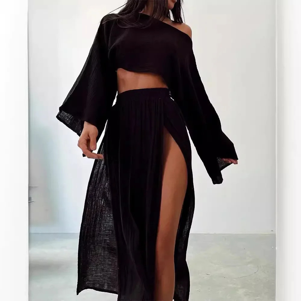 2025 Casual Solid Skirt Sets Vacation Blended Short Top High Waist Chic Slit Two Piece Outifits 251016