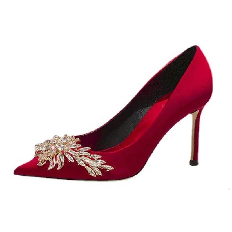 Maogu Satin Rhinestone Crystal Shallow Pumps Stiletto High Heel Womens Shoe Spring White Women Bridal Wedding Shoes 251016