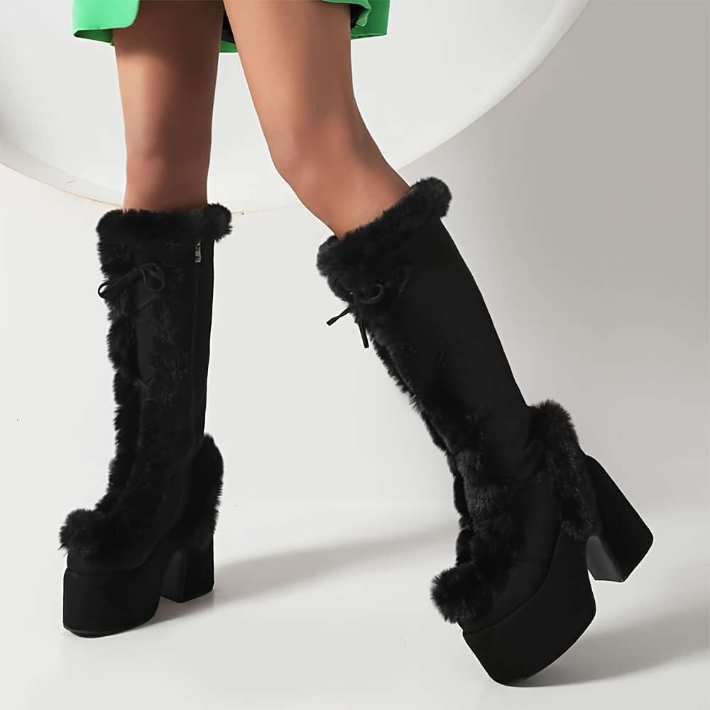 Women's Mid Calf Platform Black Faux Fur-Lined With Lace-Up & Zip Closure, Chunky High Heel, Warm Winter Snow Boots, Fur Boots