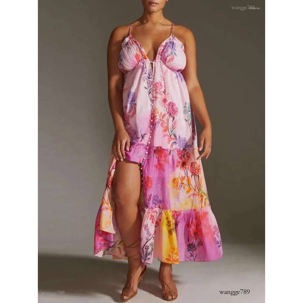 Casual Dresses Women Y2k Floral Print Spaghetti Strap Maxi Dress V Neck Sleeveless Long Boho Flowy Swing