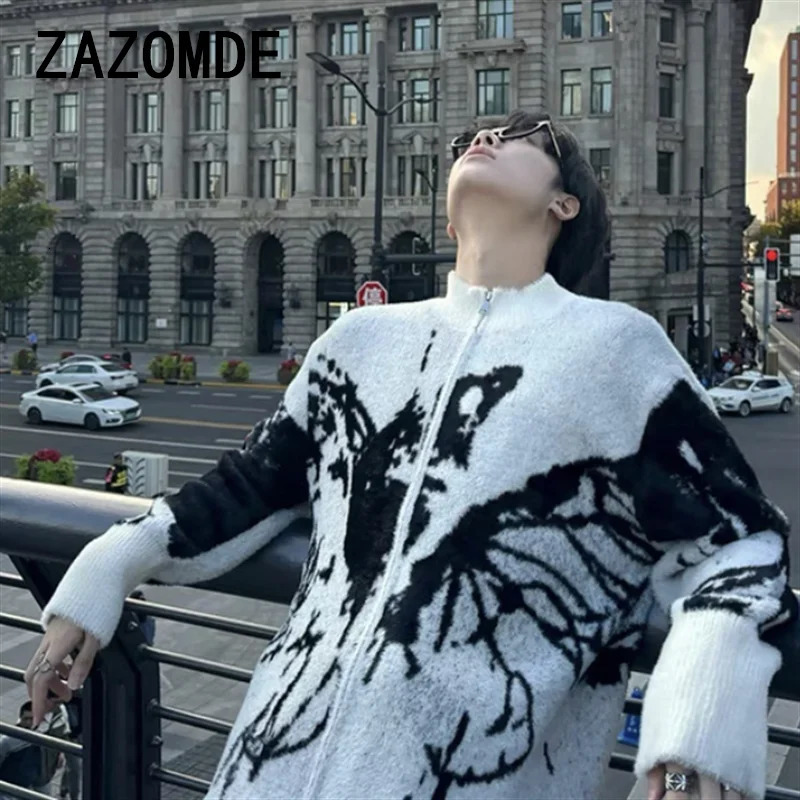 ZAZOMDE Men Sweater Cardigan Y2K Vintage Knitted Graffiti Butterfly Zip Up Jumpers Hip Hop Loose Double Zipper Punk Gothic Coat 251020
