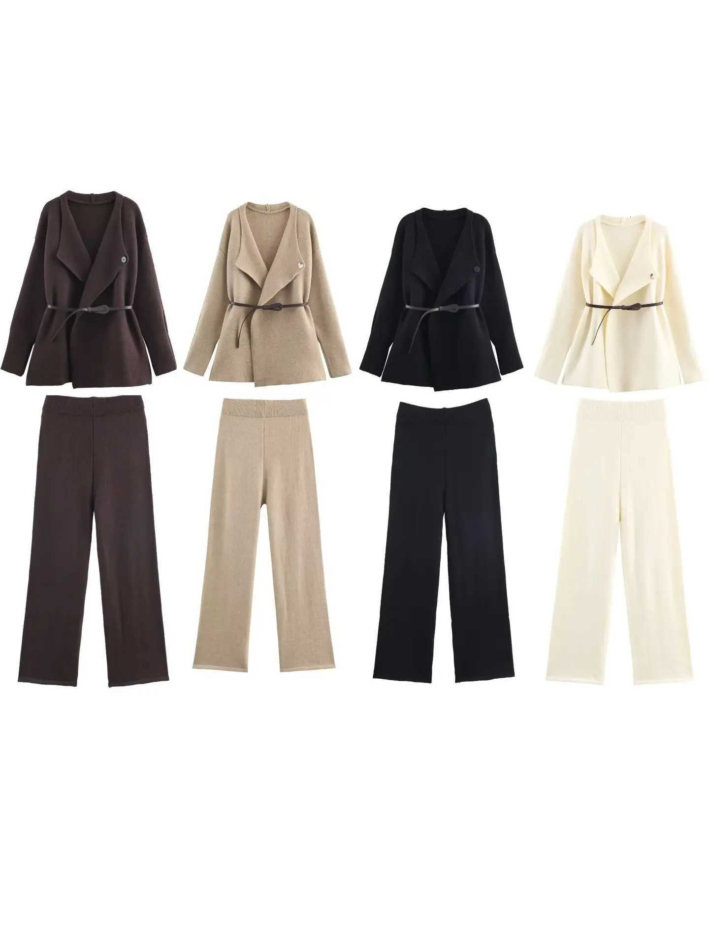 New European and American autumn products lightmature waisthugging knitted cardigan straightleg pants twopiece setT251022