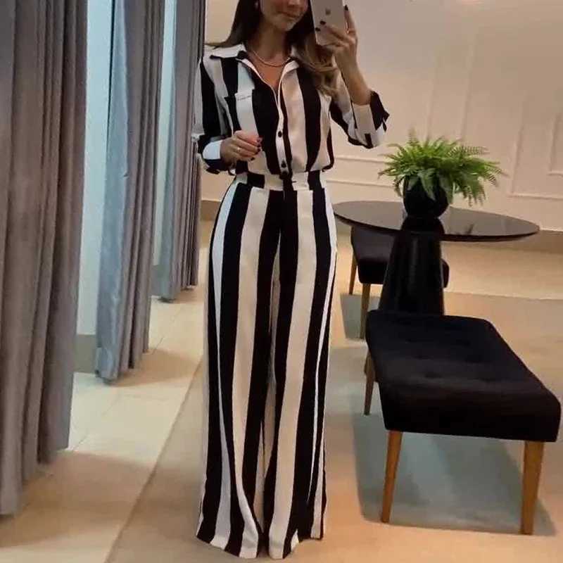 Women Two Pieces Set Striped Long Sleeve Turn Down Collar Shirts Button Wide Leg Pants Suits Regular Elegant Office Lady 2025T251022