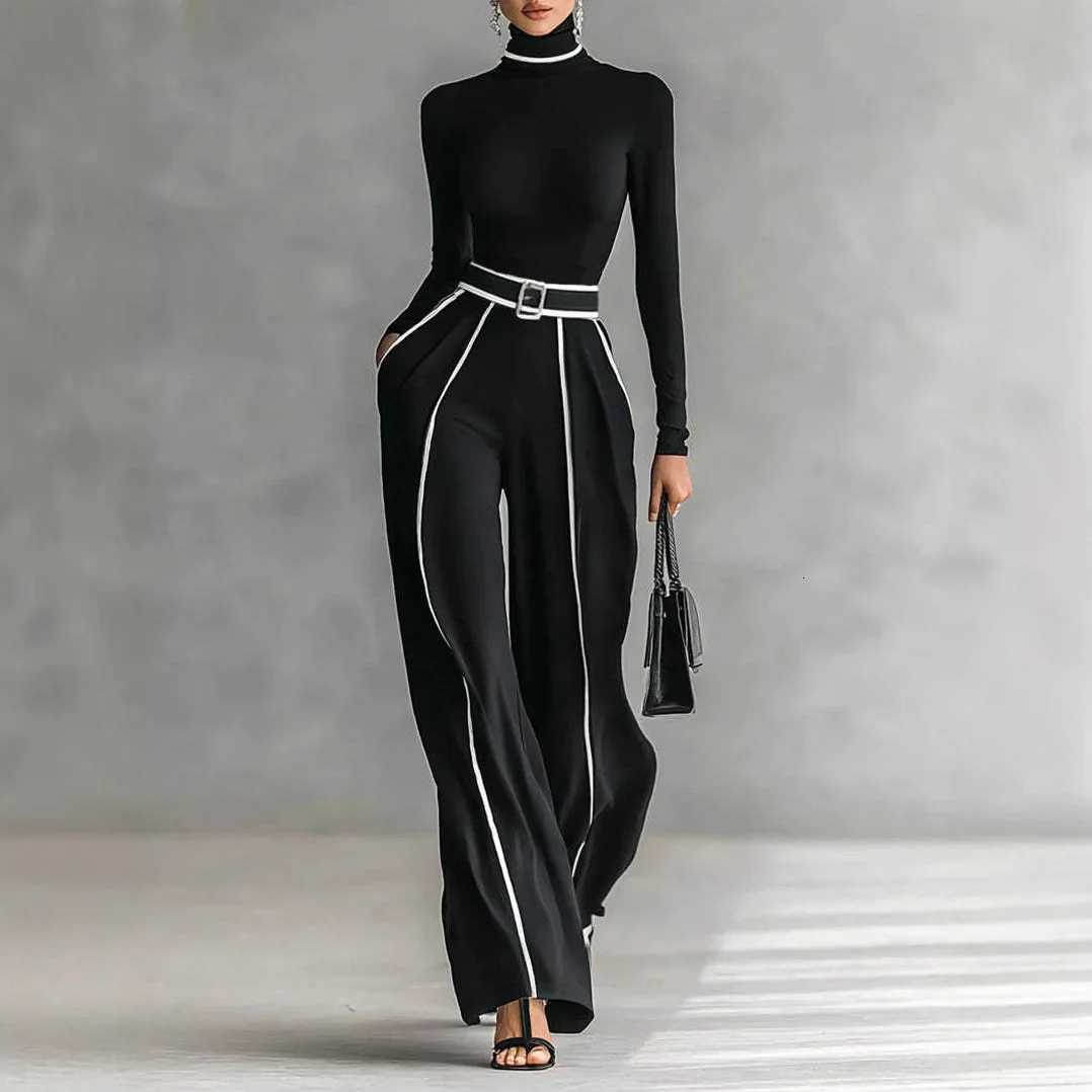 2025 New Elegant Stand Collar Contrasting Color Edging Waisthugging Slim Long Sleeve Knitted Wideleg Pants Twopiece Set RopaT251022