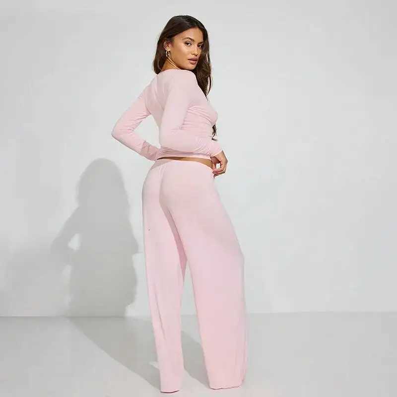 Blifanbo Casual Long Pants Set Two Pieces Set For Women Autumn V Neck Long Sleeve Slim Top And Laceup Long Pants Matching SetT251022