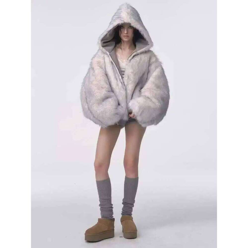 Winter American Retro Fur Women Padded Hooded Cotton-Padded Jacket Plush Casual Street Gothic Haruku Oversize Coat