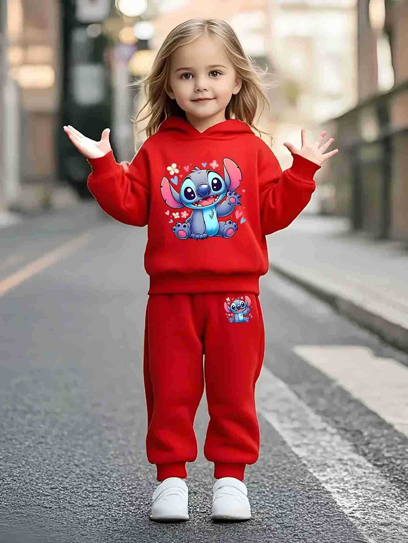 Disney Stitch cartoon print childrens autumn and winter plush trousers set boys and girls casual sports 2piece sweatshirt H251022