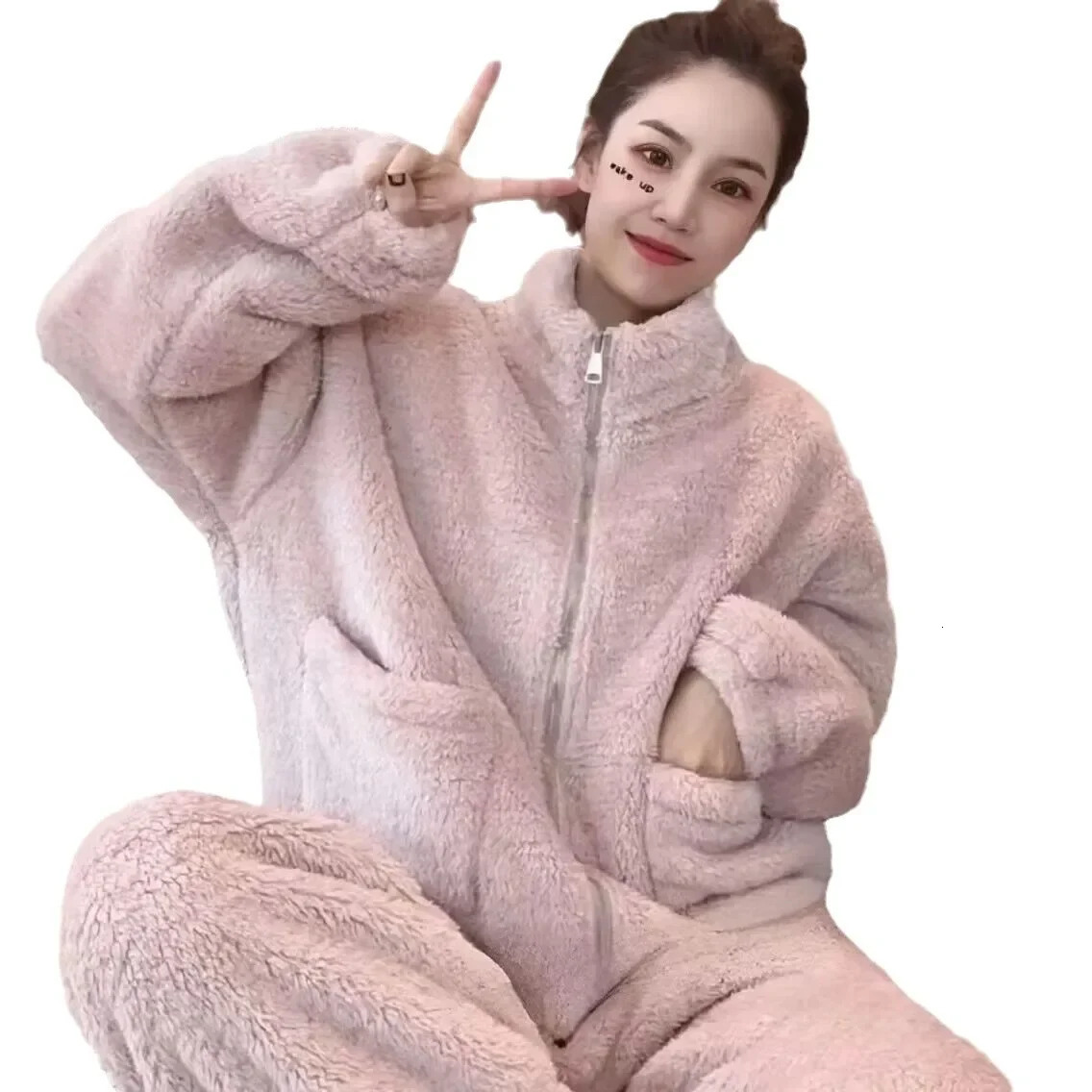 Winter Thickened Fleece Pajamas Womens Zipper Warm Home Clothes Coral Velvet Home Suit TwoPiece Set Cozy Sleepwear Set 251022