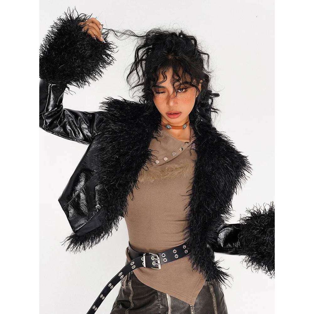 Winter Women Fur Gothic Pu Faux Leather Racer Jacket Crop Grunge Outwear Japanese Abi Y2k Dark Academia Coat Haruku