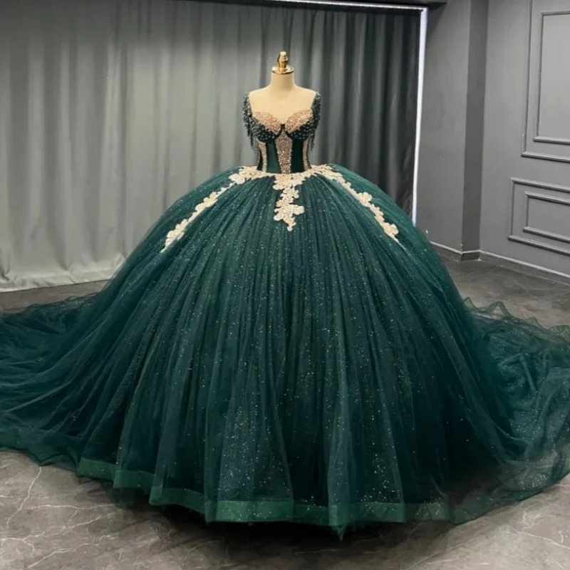 Emerald Green Ball Gown Sweet 16 Year Old Quinceanera Dresses Applique Beading Elegant Evening Party Dress Vestidos De Festa 15 Anos