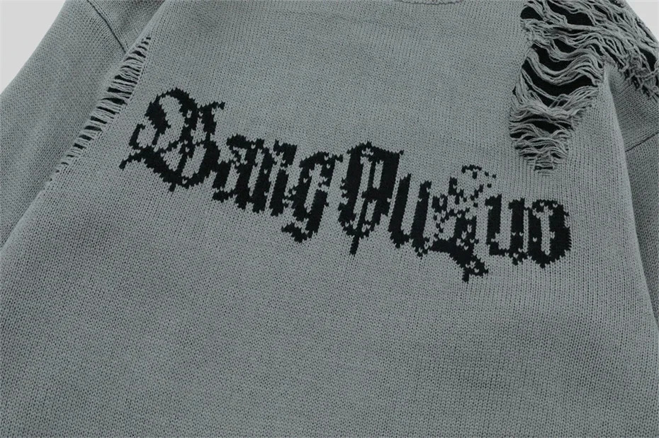 Torn Smooth Sweater Men Retro Ripped Hole Knitted Letter Plain Jumpers Men Streetwear Hip Hop Harajuku Punk Gothic Sweaters 251020