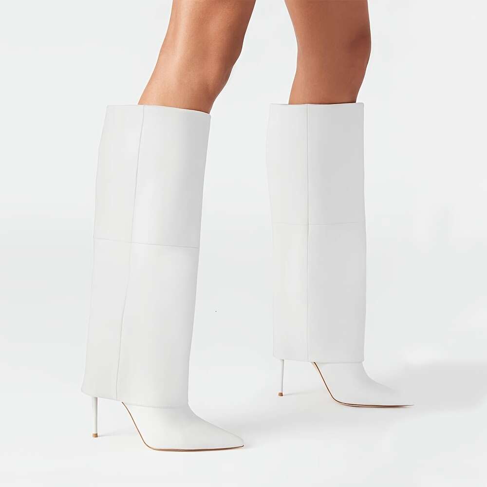Women's Knee High Stiletto Heel Boots Fold Over Pointed Toe Pull On Design Shoes Wide Calf Sexy Fashion Party Dress Tall Booties