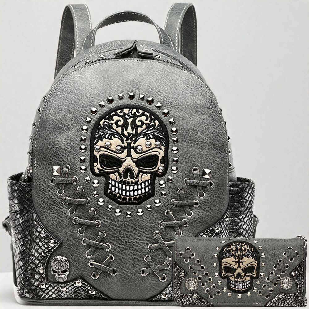 Gothic Skull Women Backpack With Matching Wallet Set