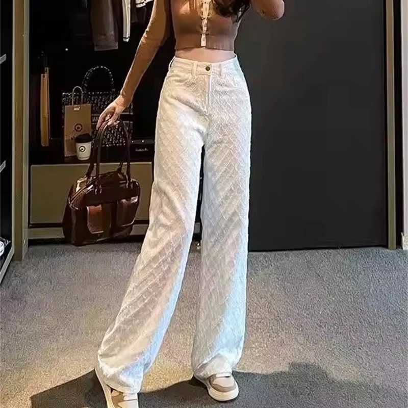 White Wide Leg Jeans Womens Spring Casual Trousers 2025 New Embroidery High Waist Loose Slimming FloorLength Straight PantsT251022