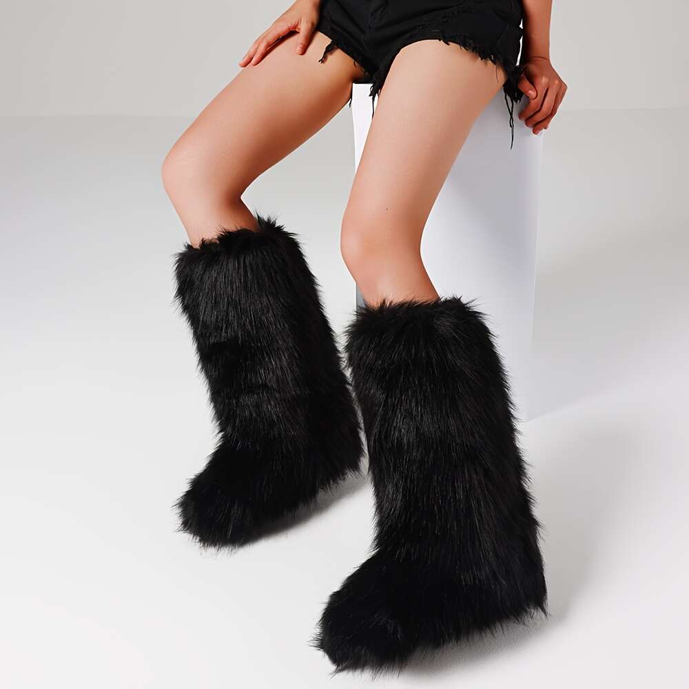 Stylish Women's Fluffy Faux Fur Round Toe Flat Heel Winter Outdoor Warm Knee High Boots