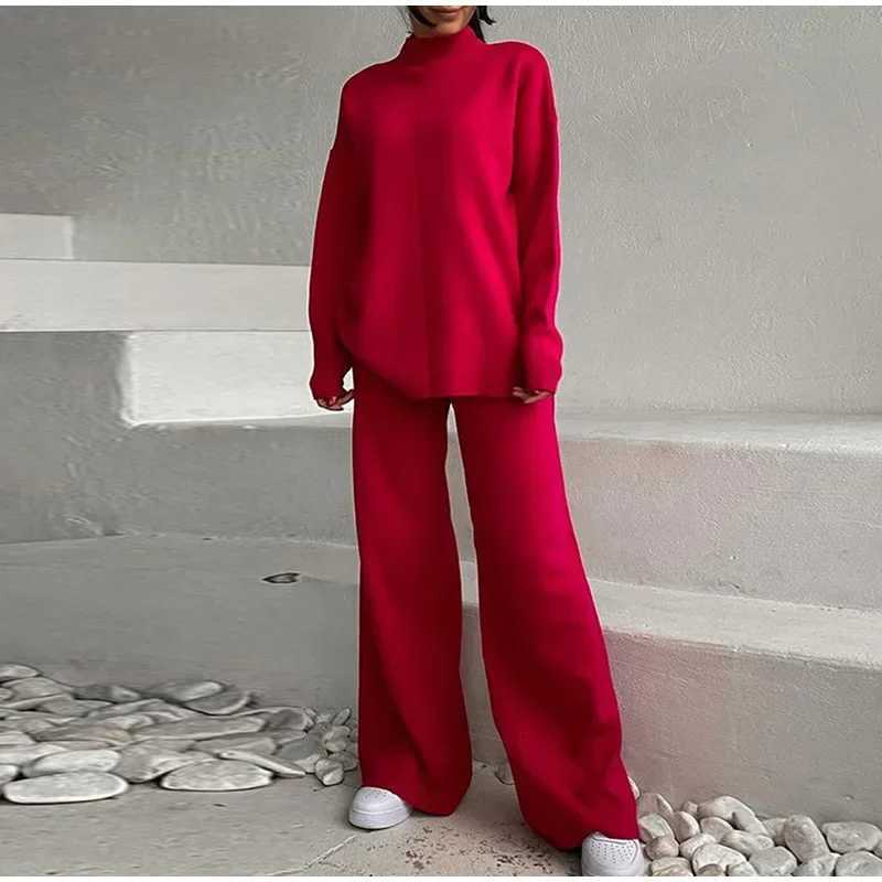 Split Turtleneck Women Sweater Suit Winter Solid Loose Casual Wide Leg Pants Female Two Piece Set 2024 Elegant Knit Tops OutfitsT251022