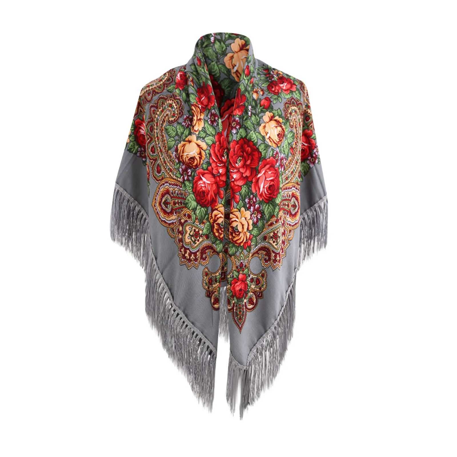 135135cm Russian National Square Scarf Women Luxury Floral Print Ukrainian Fringed Shawl Babushka Handkerchief Head Wraps J251118