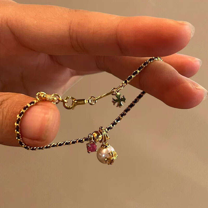 Black Gold Chain Braided Pearl Cross Pendant Bracelet Exquisite and Elegant Jewelry