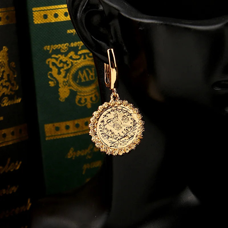 Turkish Coin Dangle Earrings Gold Plated Ehtnic Wedding Jewelry Round Drop Earrings Middle East Arabic Bridal Earring 251022 - view 3