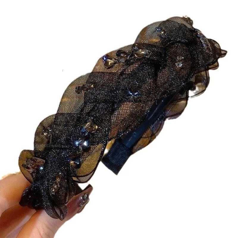 Advanced black gauze hair bands womens accessories for girls rhinestone fried dough twists headband with girl temperament clip V251022